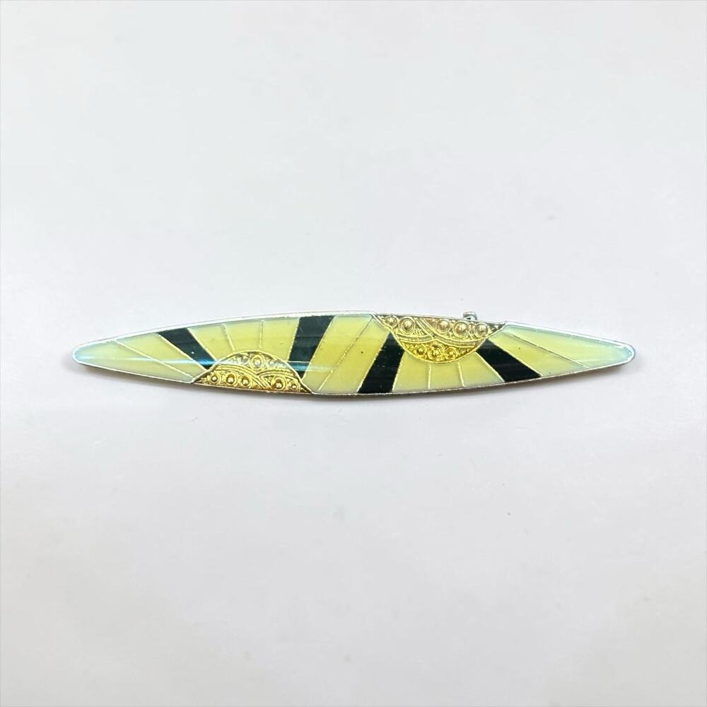 Vintage Art Deco Style Black Ivory Enamel Long Bar Brooch Geometric Pin